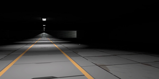 An screenshot from the game explored in the workshop paper: A dimly lit hallway with a tiled floor and two yellow lines running down the center. The hallway appears to stretch far into the distance, narrowing as it goes, and is illuminated by a series of overhead lights that create a pattern of light and shadow on the floor. At the far end of the hallway, a door is faintly visible.