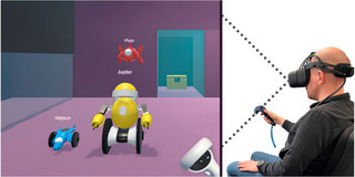 An image portraying a user on the right, interacting with the three simulated robot agents, Neptune (in blue), Jupiter (in yellow) and Pluto (in red) in the virtual world on the left via a VR headset and controller.