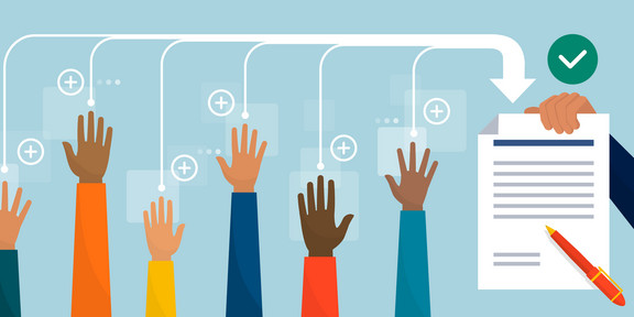 An image representing the research project "KonCheck". Six hands of various skin colors and with various clothes are stretched upwards, while plus signs float around them. An arrow that gets wider from left to right, each time it passes a new hand, points to a legal document held up by a hand. A green checkmark above the document symbolizes the public agreement with the document and the validity of the information contained within.