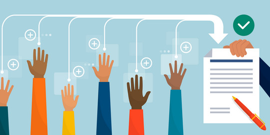 KonCheck Header Image An image representing the research project "KonCheck". Six hands of various skin colors and with various clothes are stretched upwards, while plus signs float around them. An arrow that gets wider from left to right, each time it passes a new hand, points to a legal document held up by a hand. A green checkmark above the document symbolizes the public agreement with the document and the validity of the information contained within.