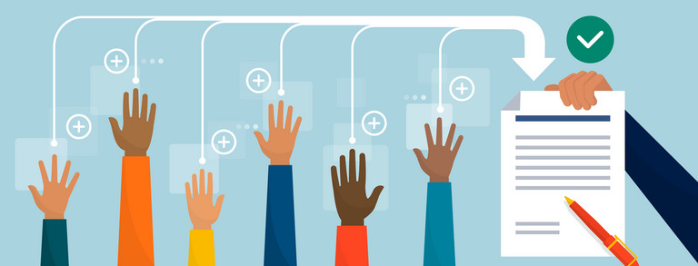 An image representing the research project "KonCheck". Six hands of various skin colors and with various clothes are stretched upwards, while plus signs float around them. An arrow that gets wider from left to right, each time it passes a new hand, points to a legal document held up by a hand. A green checkmark above the document symbolizes the public agreement with the document and the validity of the information contained within.